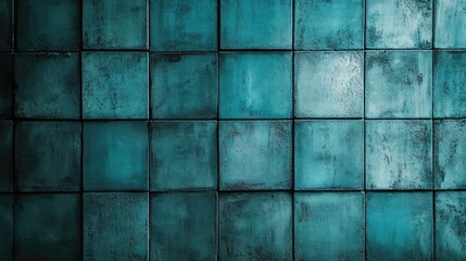 Poster - High-resolution close-up of textured teal and blue concrete wall featuring square grid pattern with empty copy space for text and design ideas.