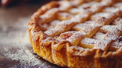 Aufkleber - Golden brown pastry pie with flaky crust and powdered sugar on rustic wooden surface, featuring empty space for text, culinary delight concept.
