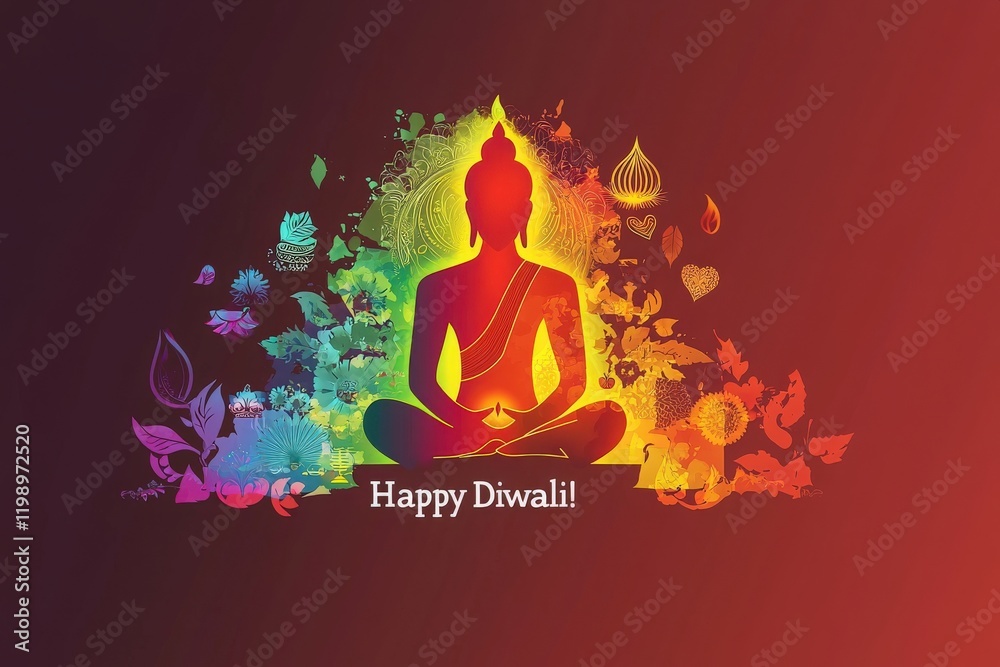 A serene Buddha silhouette radiates colorful light, surrounded by floral patterns and Diwali-themed designs. Text wishes a joyful celebration, perfect for the festival atmosphere.