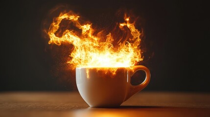 Wall Mural - dynamic close-up of a white coffee cup emitting vibrant flames against a dark background, symbolizin