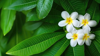 Aufkleber - Close Up of Green Tropical Leaves with White and Yellow Plumeria Flowers on a Natural Background with Copy Space for Text
