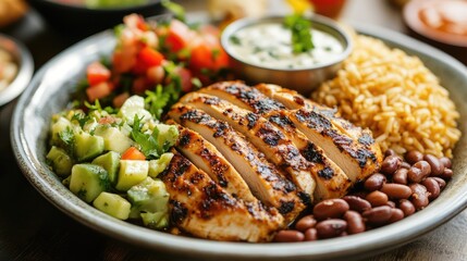 Poster - Close-up view of a grilled chicken dish on a rustic plate featuring vibrant rice, red beans, and fresh salad garnished with herbs, ideal for culinary presentations
