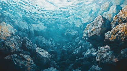 Aufkleber - Underwater Rocky Landscape Illustration with Text Space, Deep Blue Tones and Textured Rocky Elements, Ideal for Marine or Nature Themes