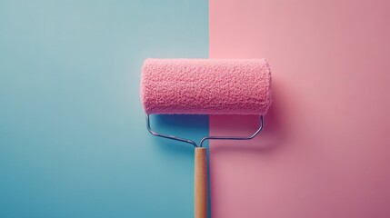 Aufkleber - Close up view of a pink paint roller on a divided blue and pink background with ample blank space for creative text or design elements