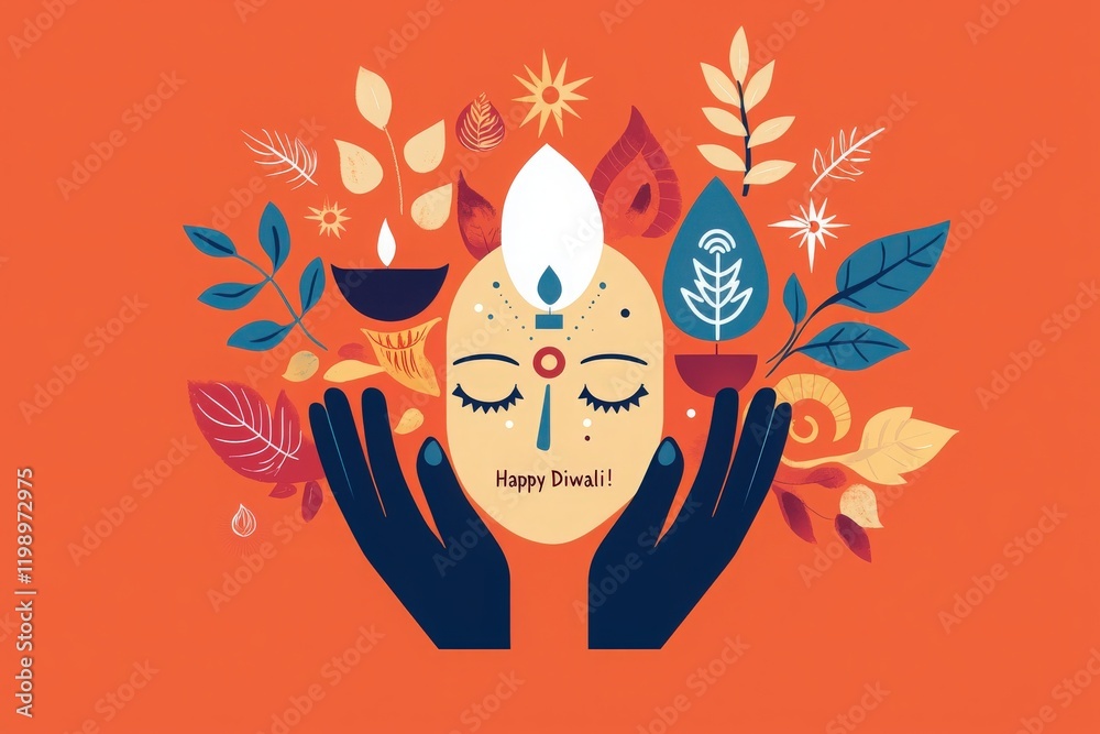 Hands hold a decorative face surrounded by symbols of light and nature, celebrating the festival of Diwali. This artwork captures the essence of joy and tradition associated with the celebration.