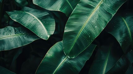Poster - Close up of lush green banana leaves with water droplets against a dark background, providing ample negative space for text placement.