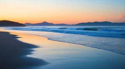 Aufkleber - Serene ocean sunset over calm waves reflecting warm hues of orange and pink against a clear sky creating a tranquil nature scene ideal for relaxation