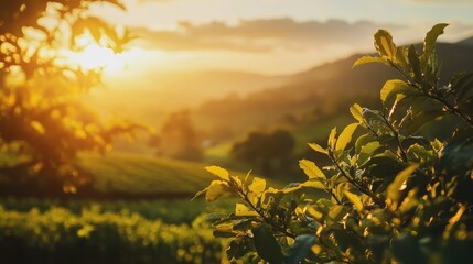 Aufkleber - Close up of vibrant green coffee leaves illuminated by golden hour sunlight overlooking a serene coffee farm landscape with soft mountains in background