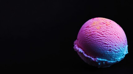 Poster - Vibrant pink and blue scoop of ice cream on a black background with ample empty space for creative text or graphic design elements