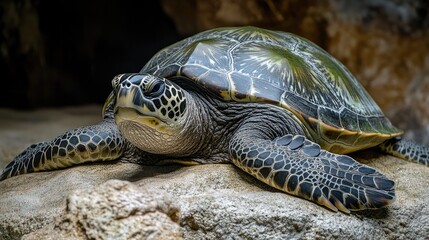 Poster - Close-Up of Green Sea Turtle on Rocky Surface in Aquatic Environment with Soft Focus Background and Empty Space for Text