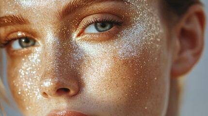 Poster - Glittering Golden Pale Skin Close-Up with Acid Peel Texture and Soft Blue Background for Text Placement