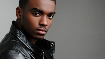 Poster - Close-up portrait of a young African American man wearing a black leather jacket against a soft gray background with ample copy space for text.