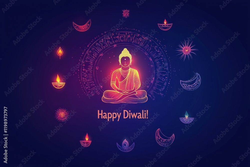 A vibrant display of lights and symbols celebrates Diwali. The illustration features a serene Buddha surrounded by illuminating diyas and celestial elements, creating a festive atmosphere.