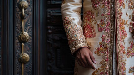 Aufkleber - Close up of groom's hand adorned in ornate wedding attire with intricate embroidery near detailed door background and empty space for text