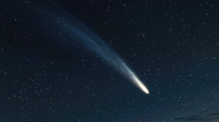 Poster - Close up illustration of a glowing comet in a deep blue starry night sky with vibrant auroras and ample copy space for text inclusion