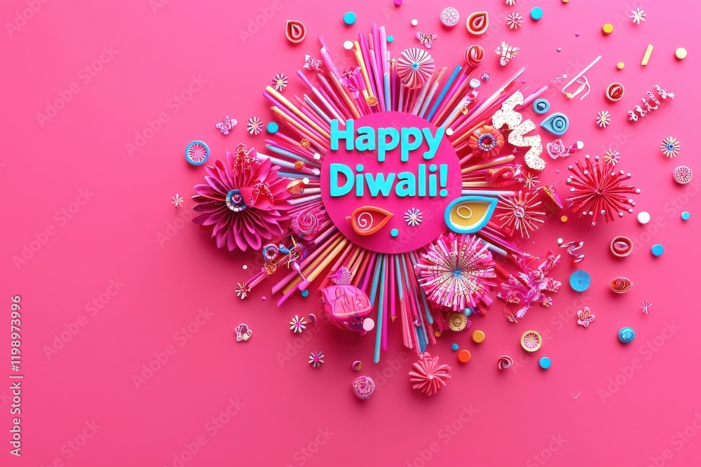 Bright pink background filled with various festive elements for Diwali, including colorful flowers, decorative items, and the text Happy Diwali in bold blue letters.