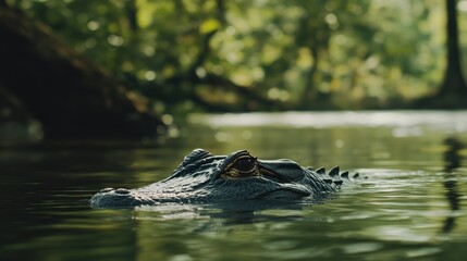 Poster - Serene close-up of an alligator partially submerged in tranquil waters surrounded by vibrant lush forest shades with ample copy space for text