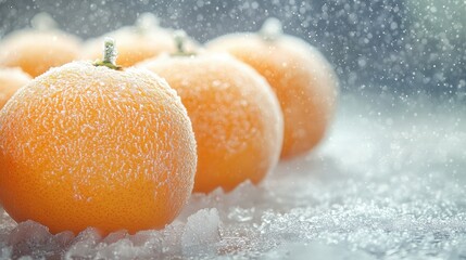 Aufkleber - Frosted oranges arranged on a white and grey background with winter frost creating a cool ambiance, empty space for text, close-up perspective