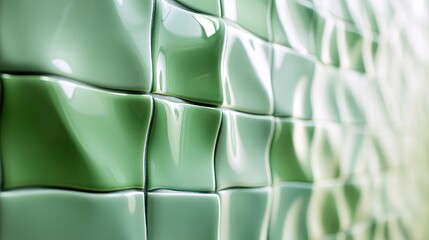 Aufkleber - Glossy close-up of green ceramic tiles on bathroom wall with shiny surface textures and reflections for indoor mosaic design background.