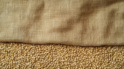 Poster - Close up of golden barley grains spilling from a burlap sack on a textured beige background with ample copy space for text.