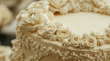 Aufkleber - Elegant close-up of a creamy white wedding cake adorned with intricate rose decorations and delicate pearl accents set against a soft blurred background