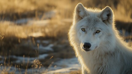 Poster - Close-Up Portrait of Majestic White Wolf in Golden Natural Habitat with Soft Focus Background and Abundant Copy Space for Text