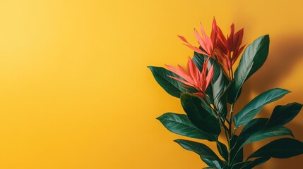 Aufkleber - Vibrant close-up of tropical plant with bold red flowers against a warm yellow background featuring ample blank space for creative text overlay