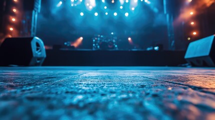 Poster - Close up view of an empty concert stage featuring blue and orange lighting effects with polished wooden floor and ample copy space for promotional text