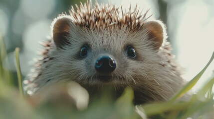 Poster - Close-Up Portrait of Curious Young Hedgehog Surrounded by Green Grass with Soft Natural Lighting and Empty Copy Space for Text