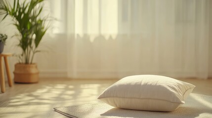 Poster - Bright and airy spacious room featuring a close-up of a soft white pillow on a woven rug with warm sunlight filtering through sheer curtains and greenery.