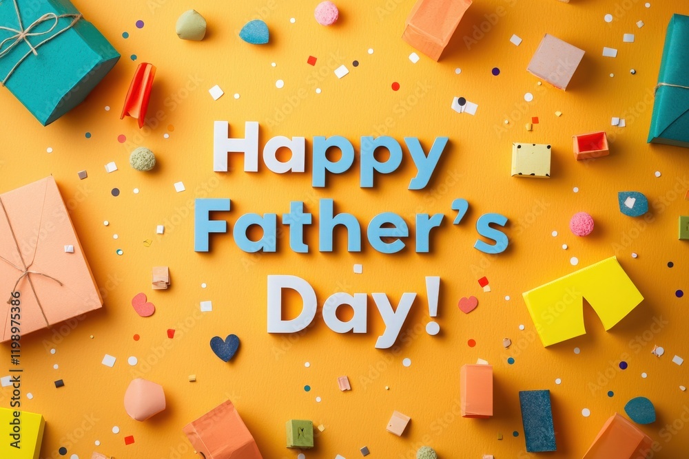Brightly colored gifts and decorative items are arranged on a sunny yellow background with the message celebrating Fathers Day. The atmosphere is festive and joyful, perfect for the occasion.