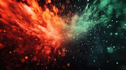 Wall Mural - vibrant close-up of a red and green fireball explosion at twilight with dynamic particles and dark b