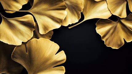 Poster - Detailed close-up of vibrant golden Ginkgo tree leaves arranged organically on a dark black background with ample negative space for text insertion.