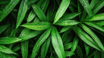 Poster - Green leaves with dew drops on a blurred background creating empty copy space for text in a natural setting close-up view.