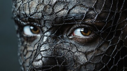 Aufkleber - Close Up Portrait of Individual with Brown Eyes Covered in Metallic Mesh Wire on Dark Background with Empty Space for Text Elements