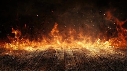 Wall Mural - glowing orange charcoal flames dancing above a rustic wooden surface against a dark smoky background