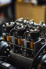 Sticker - A detailed view of a motor engine on a workbench