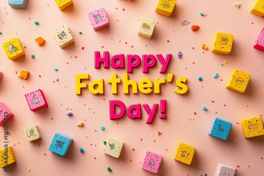 Bright, colorful blocks display Happy Fathers Day on a pastel background surrounded by festive confetti. This cheerful arrangement highlights the joy of honoring fathers during the celebration.