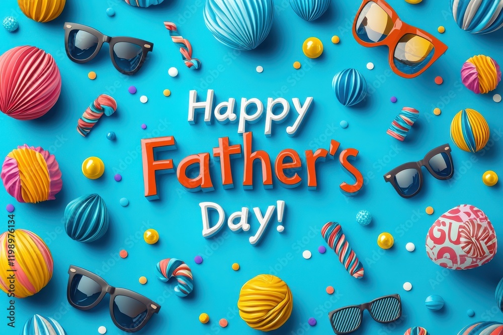Brightly colored items and accessories are arranged on a blue background to mark Fathers Day. Sunglasses, candies, and festive decor create a joyful atmosphere suitable for celebrations.