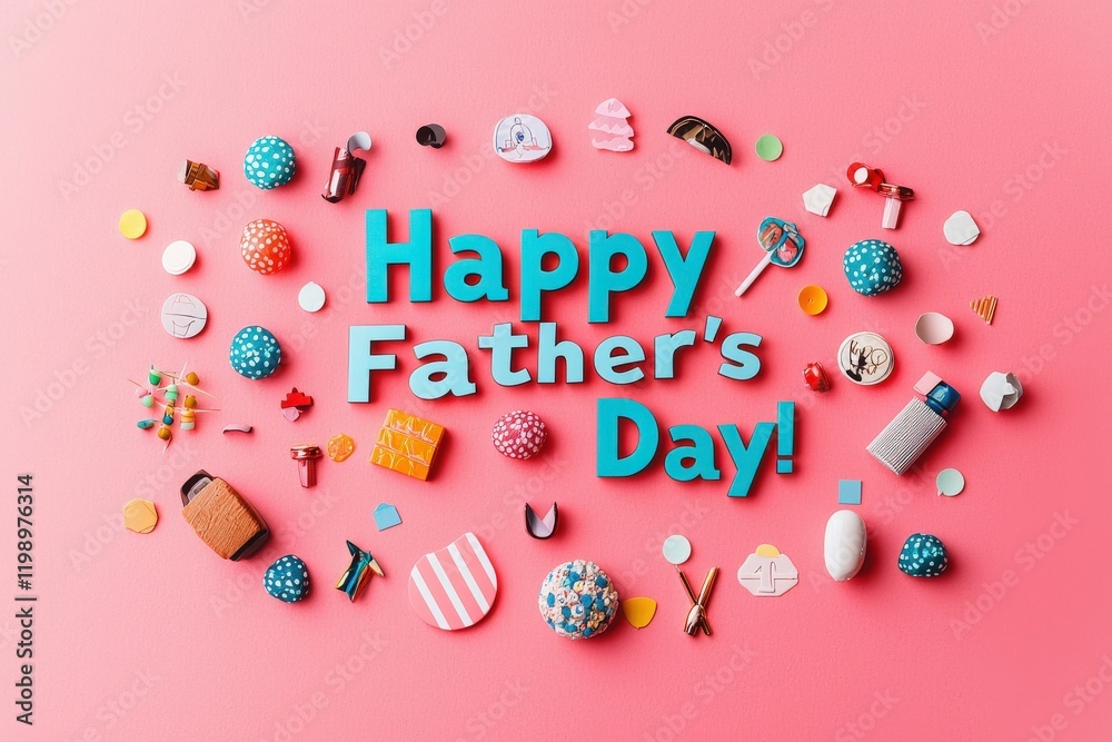 A joyful display of colorful decorations spells out Happy Fathers Day surrounded by cheerful objects. The playful arrangement highlights festive spirit, perfect for celebrating paternal love.