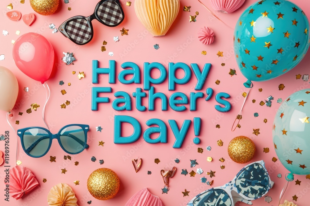 Bright decorations create a festive atmosphere for Fathers Day. Balloons, sunglasses, and confetti enhance the joyful vibe, perfect for honoring fathers on this special occasion.