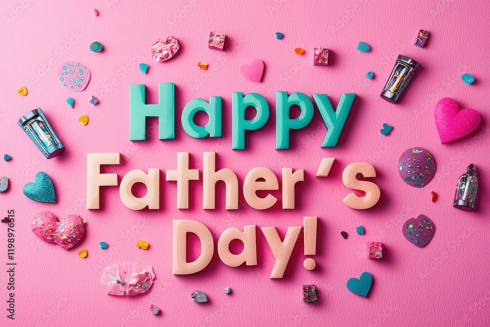 Colorful letters spell out Happy Fathers Day against a pink background, surrounded by hearts and festive decorations.