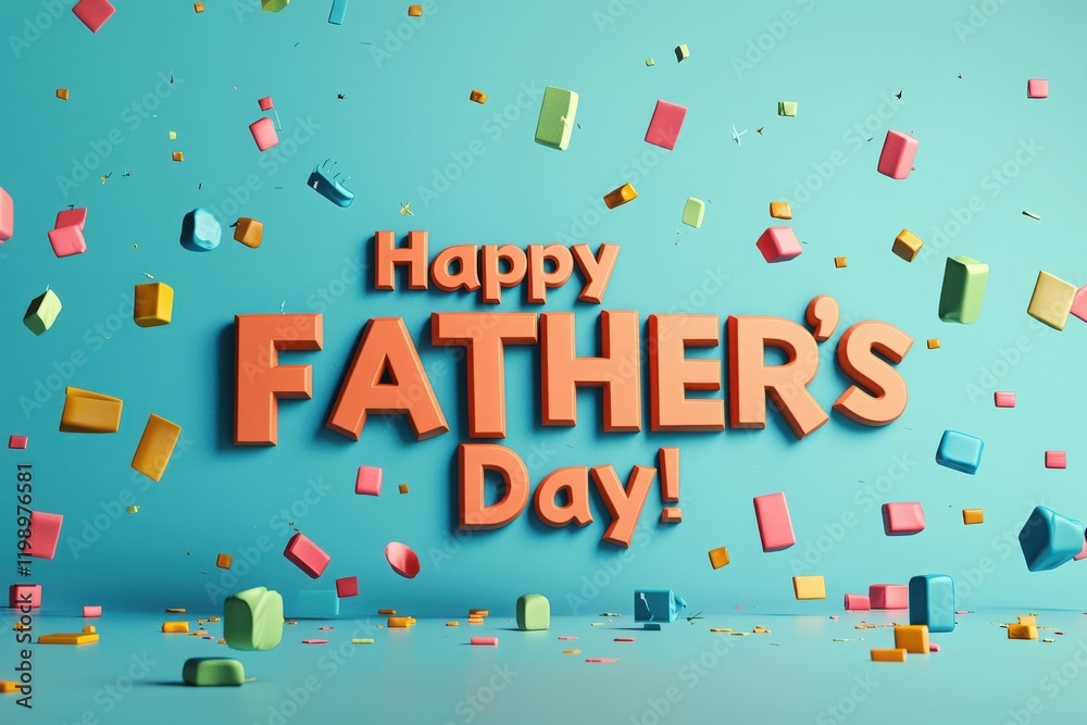 Colorful letters spell out Happy Fathers Day against a light blue background.