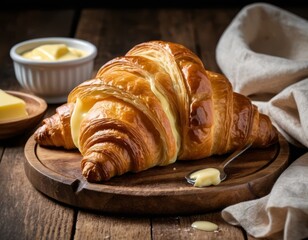 Canvas Print - Buttery Croissant with Melted Butter on Wooden Board