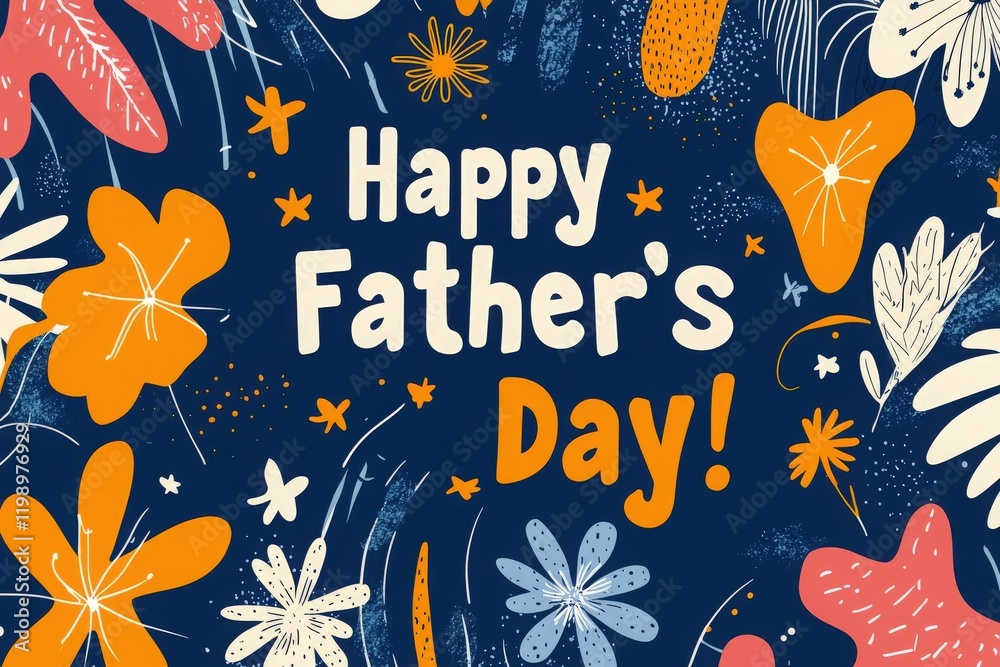 Happy Fathers Day is boldly displayed with vibrant colors and floral patterns. The festive design creates a joyful atmosphere, perfect for celebrating and honoring fathers.
