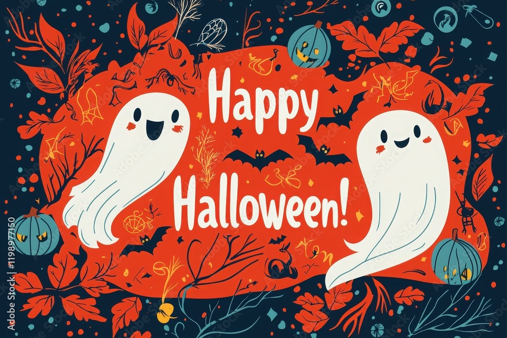 Colorful design features smiling ghosts amidst pumpkins, bats, and autumn leaves, creating a cheerful Halloween atmosphere perfect for festivities and celebrations during the spooky season.