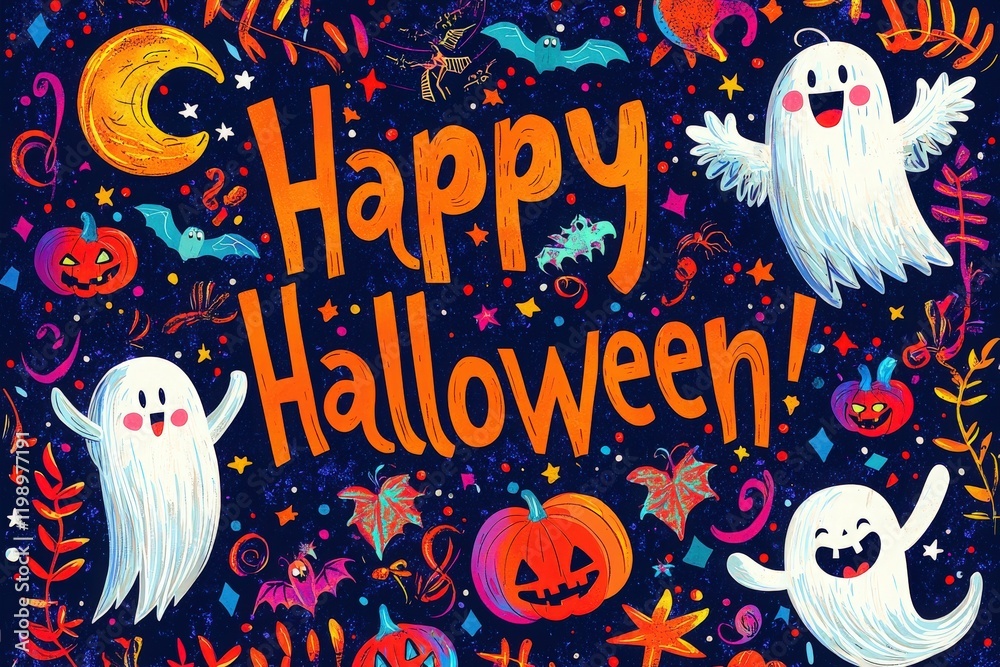 Colorful Halloween decorations display playful ghosts and pumpkins against a dark background.