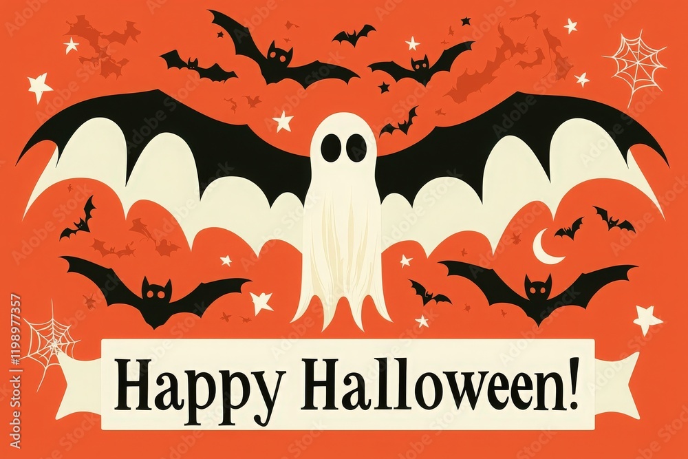 A vibrant design featuring a ghost with outstretched wings amidst bats and spooky clouds celebrates Halloween.