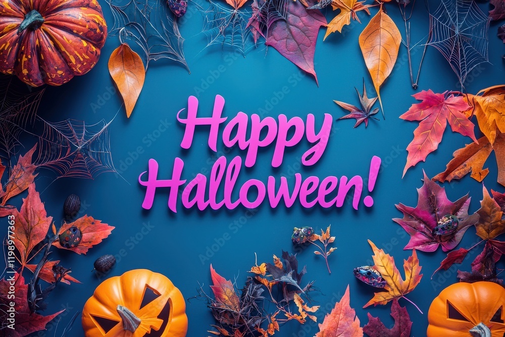 Autumn leaves and colorful pumpkins surround a cheerful greeting, marking the Halloween celebration. The arrangement includes spider webs, creating a spooky yet festive atmosphere.