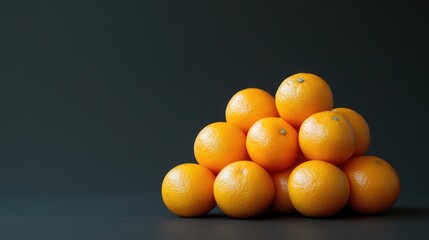 Canvas Print - Fresh ripe oranges stacked on a dark green background with soft lighting showcasing vibrant orange colors and empty space for copy.